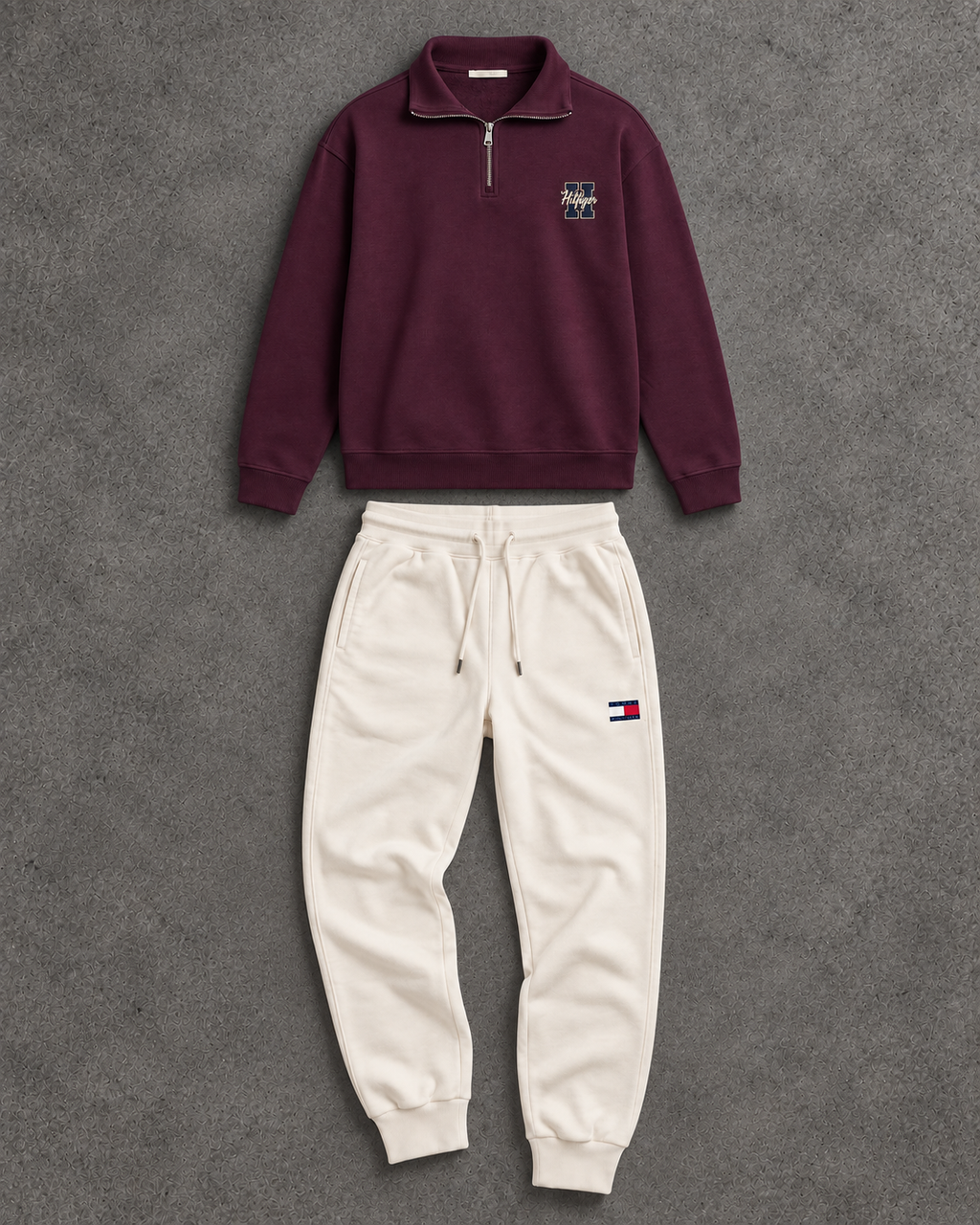 Tommy Hilfiger Burgundy Quarter-Zip & Cream Pants