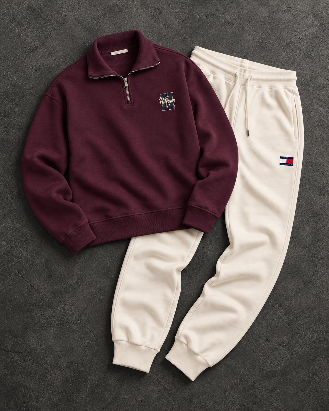 Tommy Hilfiger Burgundy Quarter-Zip & Cream Pants