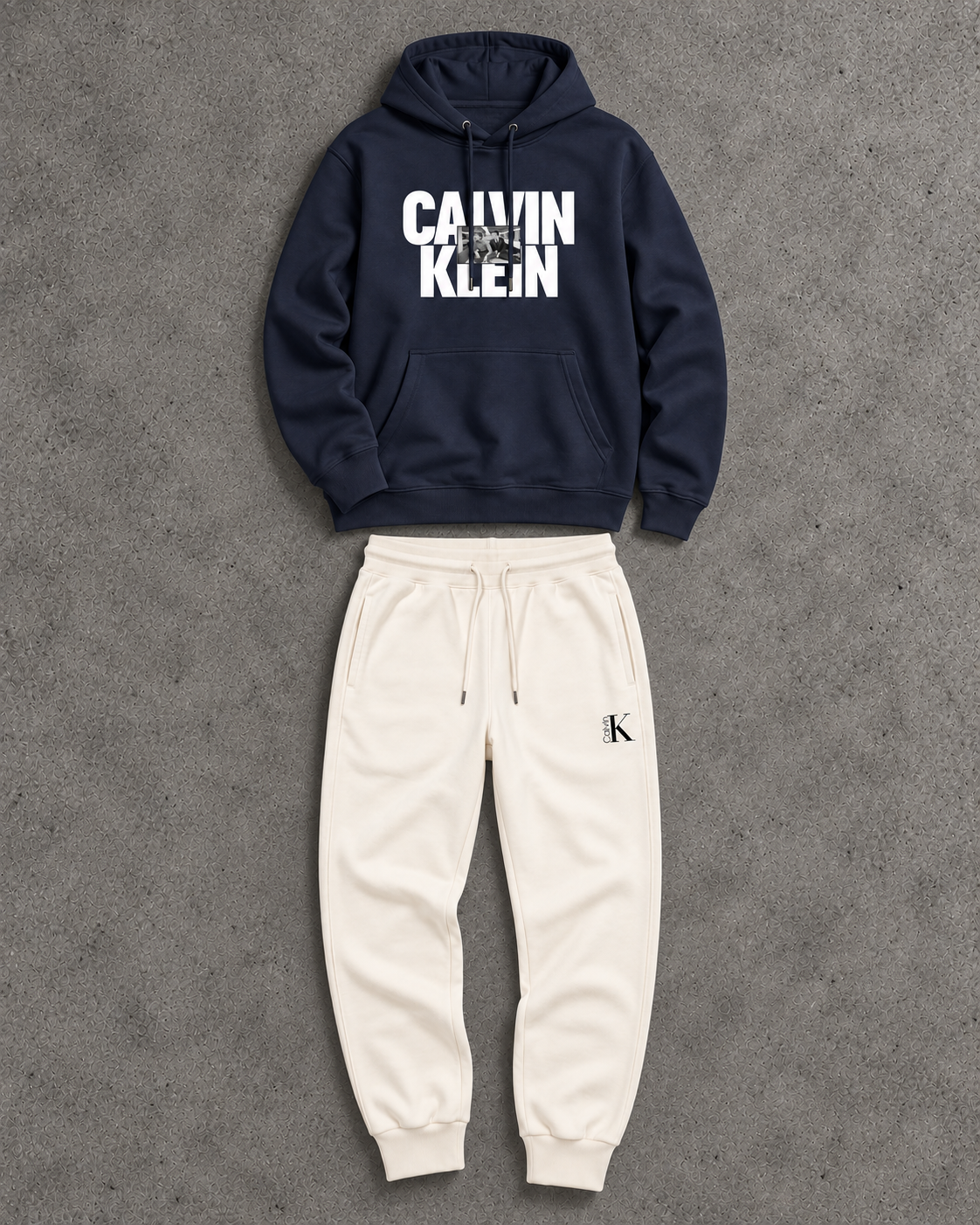 Calvin Klein Navy Hoodie & Cream Pants Outfit