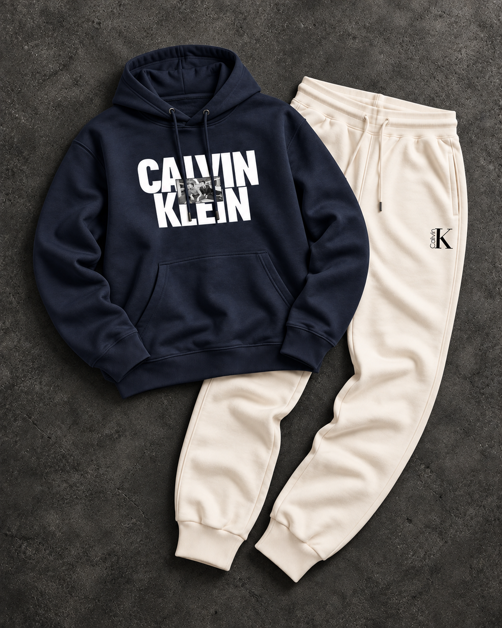 Calvin Klein Navy Hoodie & Cream Pants Outfit